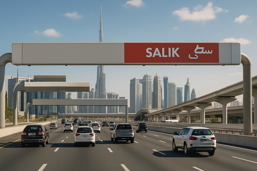 Modern Dubai toll road with vehicles and city skyline Modern Dubai toll road with vehicles and city skyline